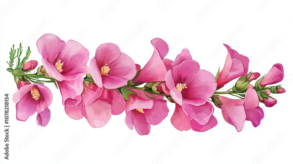 Naklejka premium Pink Flower Branch with Buds and Green Stems