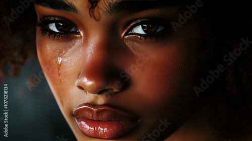 Emotional close up portrait of a young woman with a single tear rolling down her cheek vividly