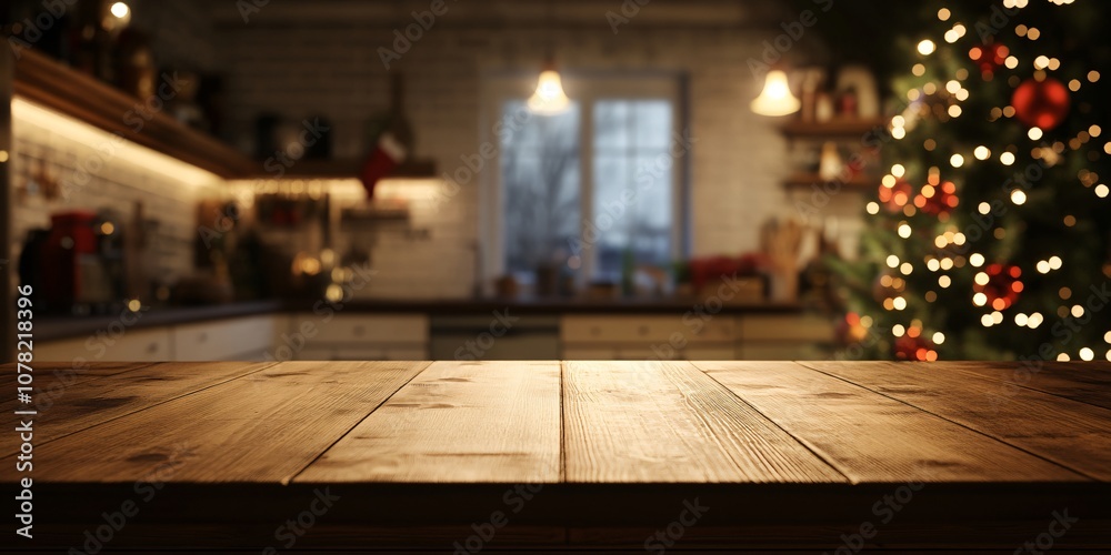 Rustic Wooden Tabletop with Blurred Christmas Kitchen Background Rustic Wooden Tabletop with Blurred Christmas Kitchen Background