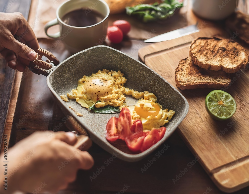 Chef placing pan with scrambled eggs and tomatoes on wooden table for breakfast Chef placing pan with scrambled eggs and tomatoes on wooden table for breakfast