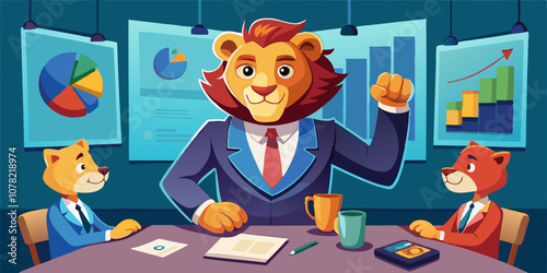 Powerful lion in sharp suit and boots leading business discussion in modern office. Lion executive presenting business charts and data at corporate meeting table in stylish office