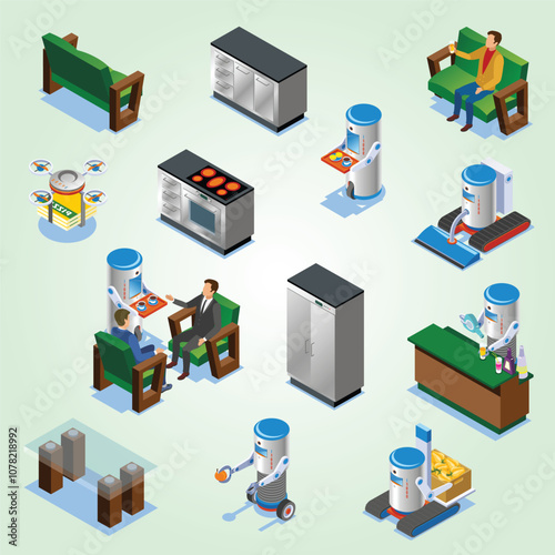 Isometric Robotic Restaurant Industry Composition