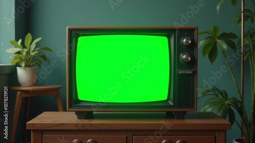 Wallpaper Mural old retro tv with green screen stands in the room of the house Torontodigital.ca