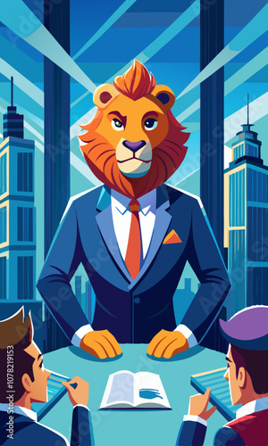 Powerful lion in a business suit directing a successful boardroom meeting with a city view. Professional lion leading a corporate presentation in a modern office.