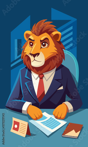 Professional lion in a suit sitting at an executive desk, reviewing financial reports with a serious expression. Business lion working on corporate strategy and analytics in office.

