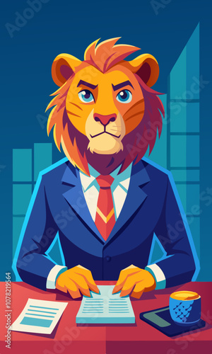Professional lion in a suit sitting at an executive desk, reviewing financial reports with a serious expression. Business lion working on corporate strategy and analytics in office.

