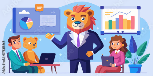 Smart lion in business suit leading a strategy meeting in front of whiteboard with diverse animal colleagues. Business presentation with animal team discussing professional growth and goals
