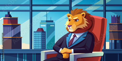 Powerful lion in a business suit sitting confidently in a leather office chair, gazing at the city skyline through large office windows