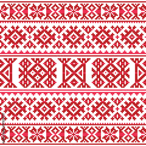 Winter or Christmas style Sami folk art vector red and white seamless pattern. Non-AI generated