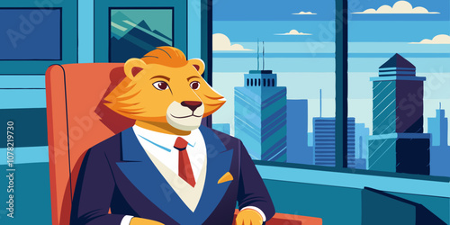 Powerful lion in a business suit sitting confidently in a leather office chair, gazing at the city skyline through large office windows