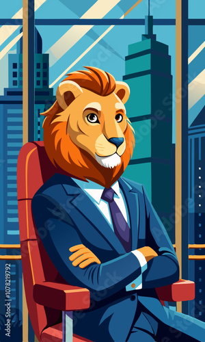 Powerful lion in a business suit sitting confidently in a leather office chair, gazing at the city skyline through large office windows