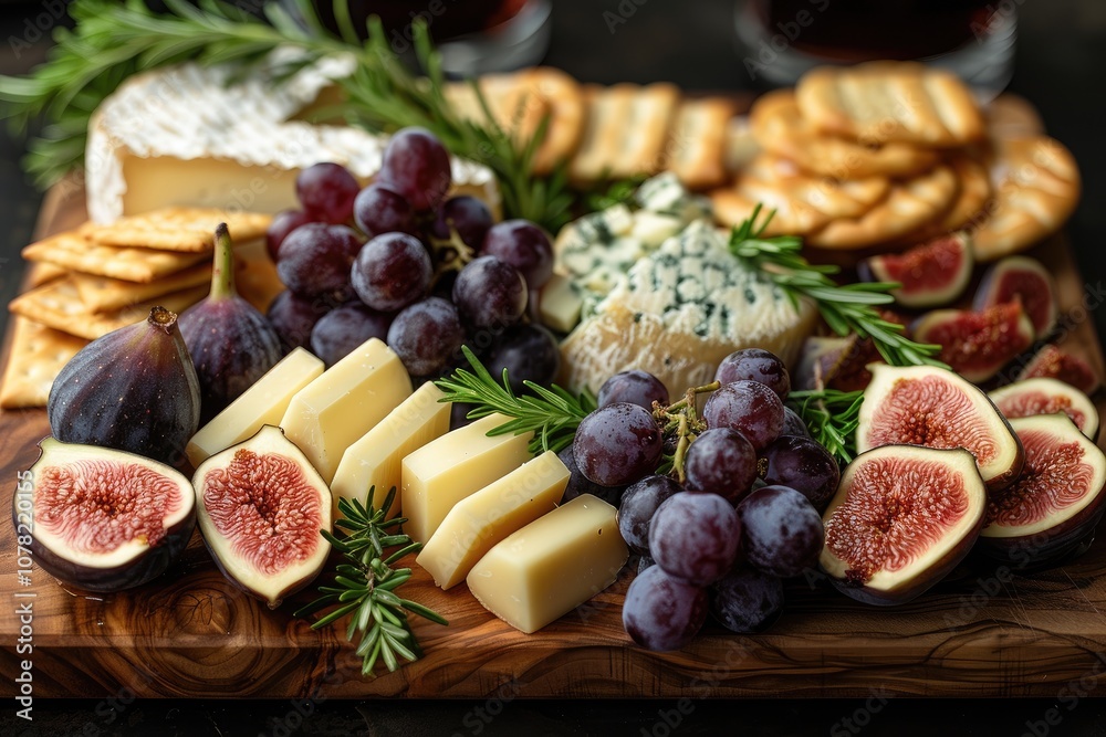 Gourmet Cheese Board with Figs, Grapes, and Crackers Gourmet Cheese Board with Figs, Grapes, and Crackers