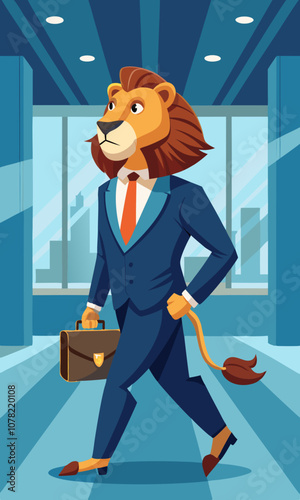 Confident lion in suit and boots walking through corporate lobby, holding briefcase. Corporate lion walking in business environment with briefcase, symbolizing success.