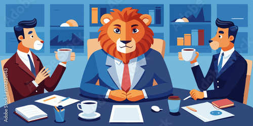 Stylish lion in a suit, sitting at a conference table surrounded by documents and coffee cups, engaged in a business discussion