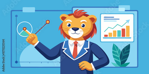 Business lion in suit presenting detailed growth graph on large screen, using pointer to explain financial data. Corporate lion leader presenting financial progress report in business meeting