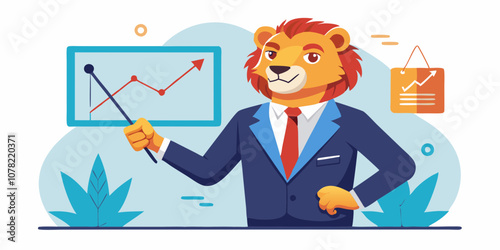 Business lion in suit presenting detailed growth graph on large screen, using pointer to explain financial data. Corporate lion leader presenting financial progress report in business meeting