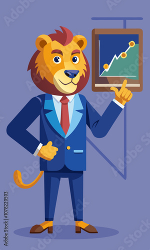 Lion in a suit presenting complex business graph on large screen, holding pointer and explaining growth strategy.