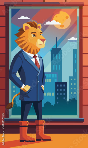 Lion in a suit and boots standing by the window, watching the sunrise over the city before the workday begins