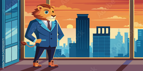 Lion in a suit and boots standing by the window, watching the sunrise over the city before the workday begins