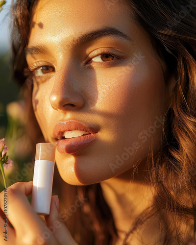 portrait of a woman applying lips balm