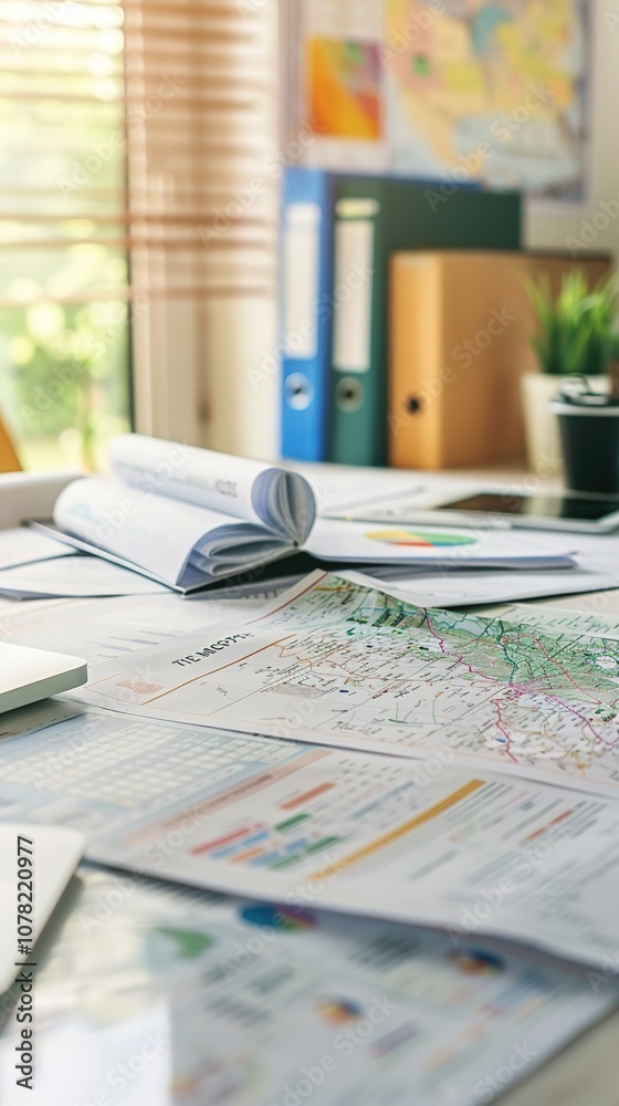 Bright office workspace with open charts and graphs Bright office workspace with open charts and graphs