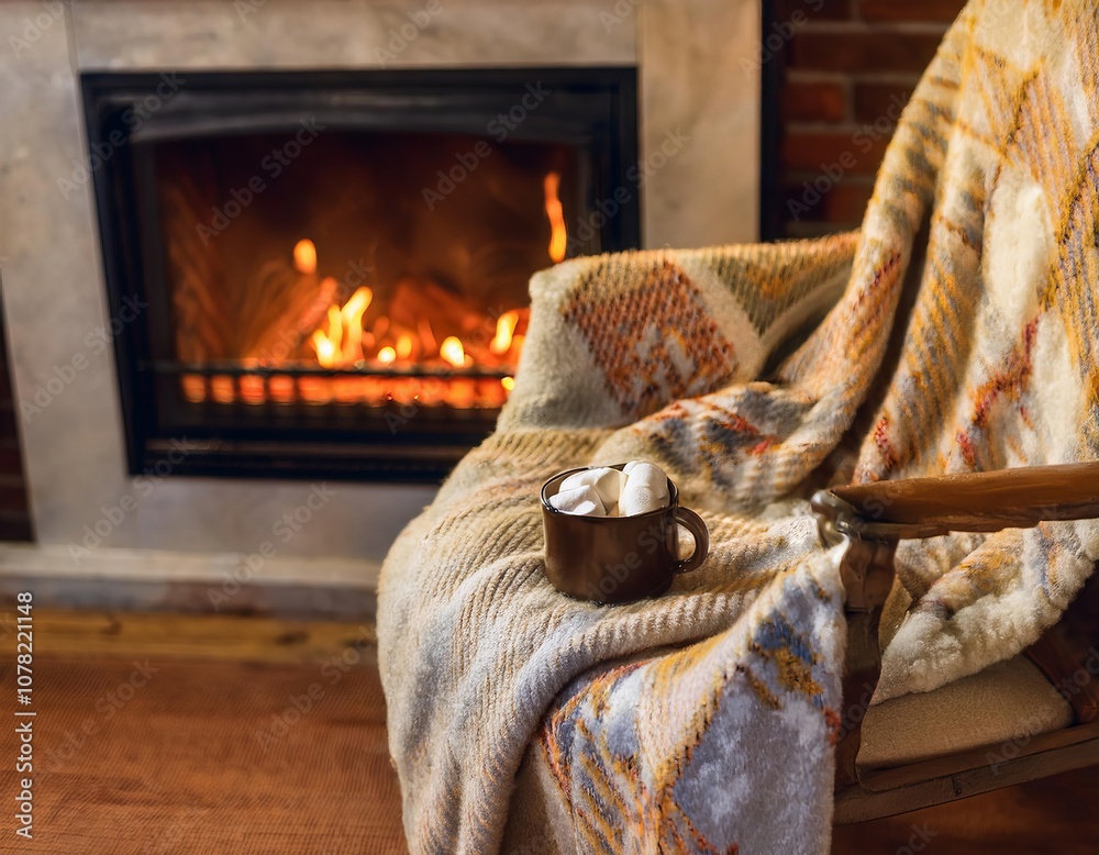 Warm cocoa with marshmallows warming near cozy fireplace on a winter evening Warm cocoa with marshmallows warming near cozy fireplace on a winter evening