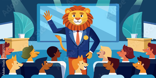 Lion in a suit, giving a business speech to a large audience in a conference hall.