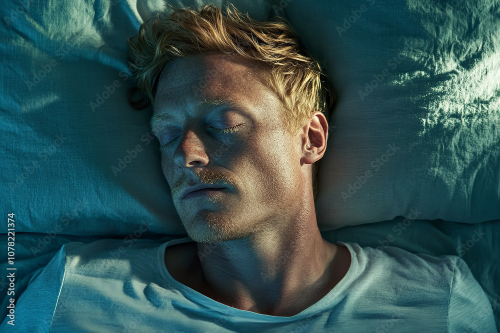 Tranquil Young Man Sleeping Comfortably in Cozy Bed, Emphasizing Rest, Sleep Quality, and Nighttime Health in Relaxing Bedroom Environment Tranquil Young Man Sleeping Comfortably in Cozy Bed, Emphasizing Rest, Sleep Quality, and Nighttime Health in Relaxing Bedroom Environment