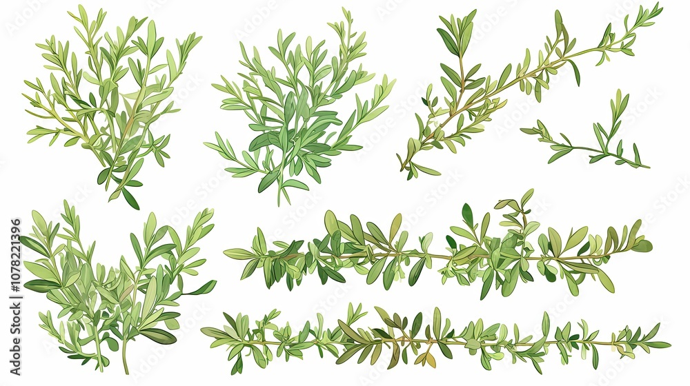 Fototapeta premium Collection of Illustrated Green Herb Sprigs