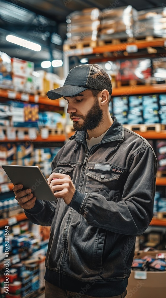 Obraz premium Man in cap using tablet in warehouse