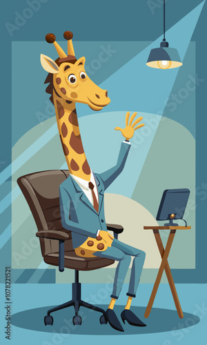 A giraffe in a business suit, sitting in an ergonomic office chair, reaching up to adjust a ceiling-mounted projector during a presentation.
