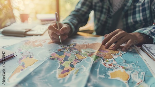 Person planning trip with map and pen, sunlight flair