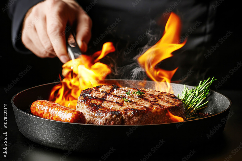 Chef holding pan with steak and sausage, flambeing with flames for a gourmet presentation, emphasizing intense heat and skill.. Chef holding pan with steak and sausage, flambeing with flames for a gourmet presentation, emphasizing intense heat and skill..