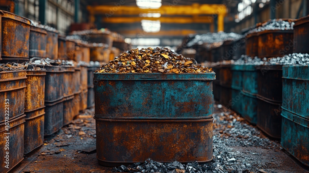 Industrial scene with barrels and metal scrap in a warehouse. Industrial scene with barrels and metal scrap in a warehouse.