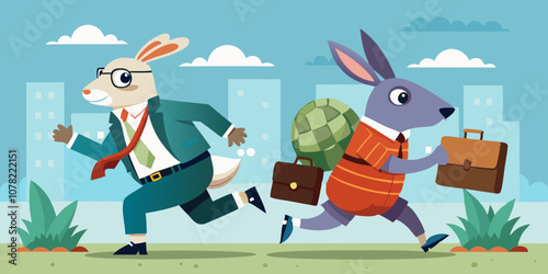 Rabbit and turtle in business attire competing in a playful office race, holding briefcases, symbolizing teamwork and competition