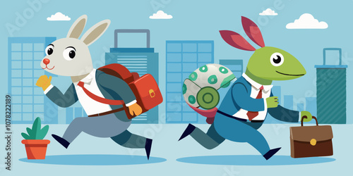 Rabbit and turtle in business attire competing in a playful office race, holding briefcases, symbolizing teamwork and competition