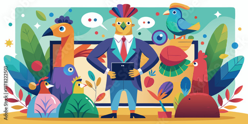 Peacock in a colorful business suit presenting a business plan to an audience of animals in a corporate meeting