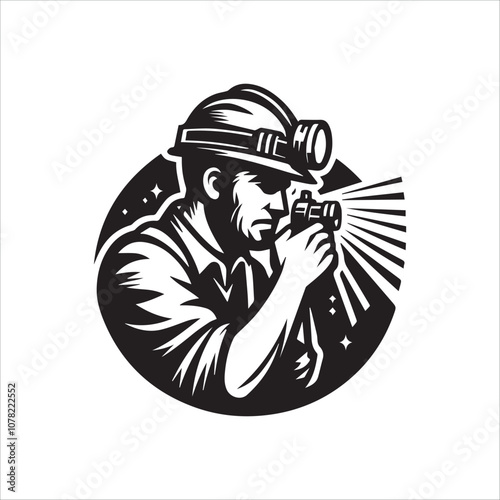 Coal Miner with Headlamp and Flashlight. A vintage-style illustration of a coal miner with a headlamp and flashlight.