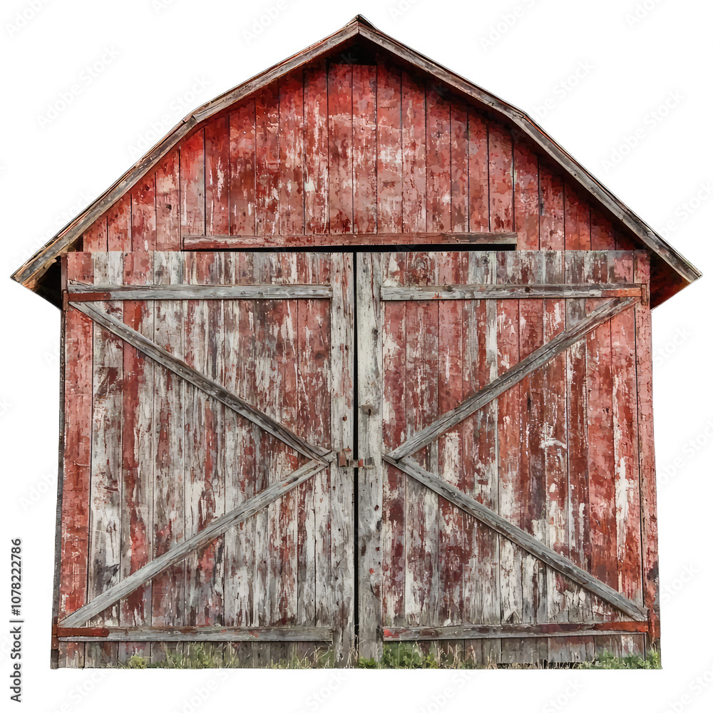 Naklejka premium Old red barn with weathered wooden doors and rustic charm, showcasing vintage agricultural aesthetic. peeling paint adds character to this rural structure