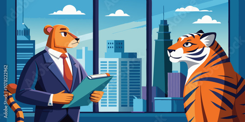 Tiger in a sharp suit, deep in thought at a high-rise office window overlooking a stunning city skyline.