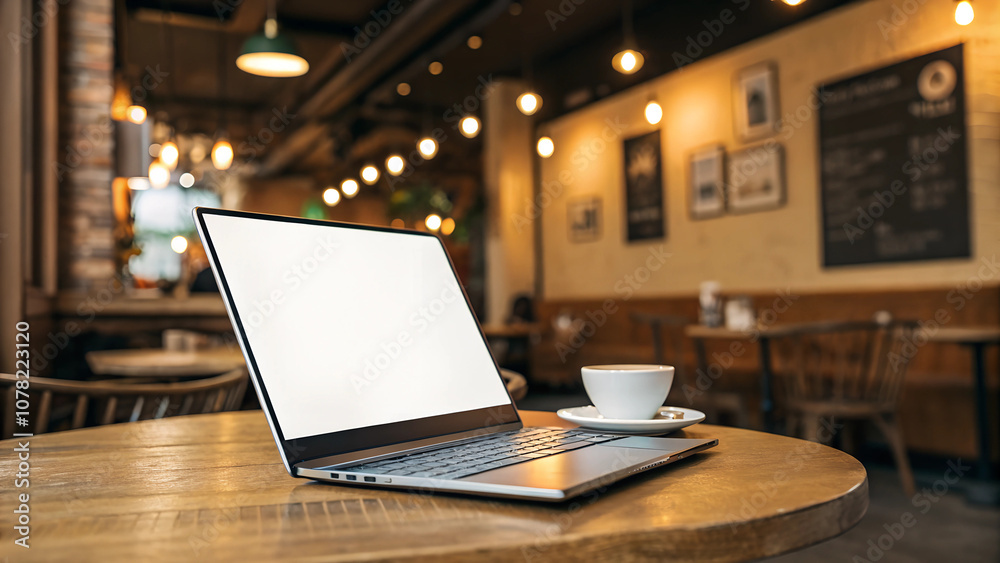 Laptop with blank screen and coffee cup on wooden table in cozy cafe with warm lighting Laptop with blank screen and coffee cup on wooden table in cozy cafe with warm lighting