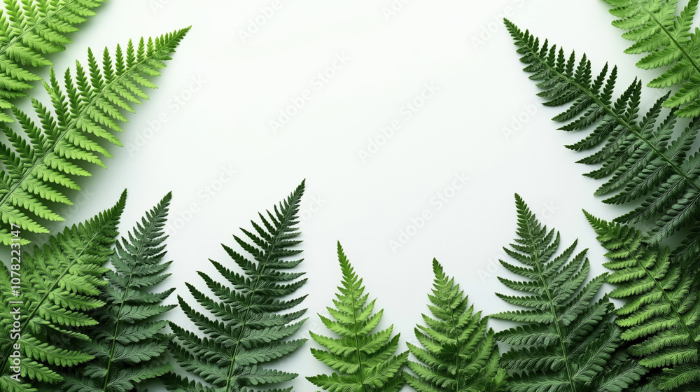 Obraz premium Green fern leaves arranged in a circular pattern on a light background with ample negative space in the center, creating a natural and symmetrical design.