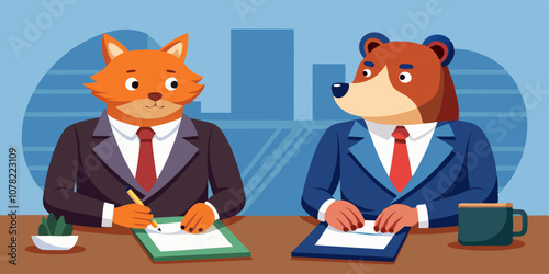 Bear and fox in business attire negotiating contract terms at a professional table. Bear and fox business partners discussing strategy and reviewing agreements before signing at negotiation meeting.