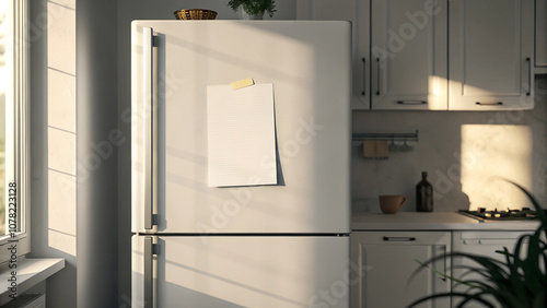 Blank paper on fridge with clip in cozy kitchen with natural light and fresh plant