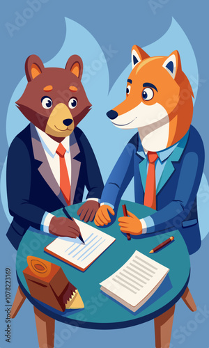 Bear and fox in business attire negotiating contract terms at a professional table. Bear and fox business partners discussing strategy and reviewing agreements before signing at negotiation meeting.