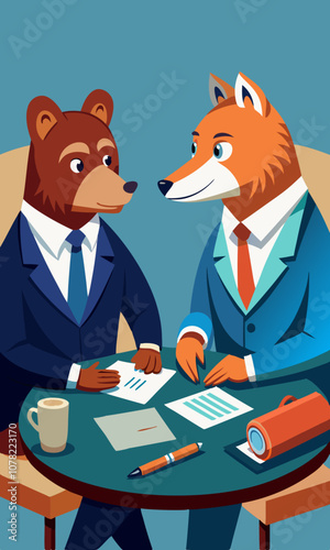 Bear and fox in business attire negotiating contract terms at a professional table. Bear and fox business partners discussing strategy and reviewing agreements before signing at negotiation meeting.