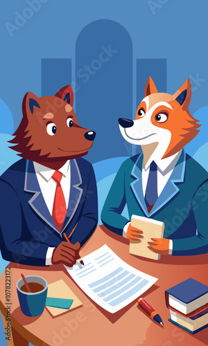 Bear and fox in business attire negotiating contract terms at a professional table. Bear and fox business partners discussing strategy and reviewing agreements before signing at negotiation meeting.