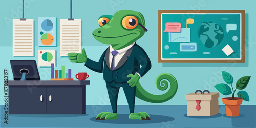 A chameleon in a suit, blending into the office decor while giving a presentation, symbolizing adaptability in the workplace.
