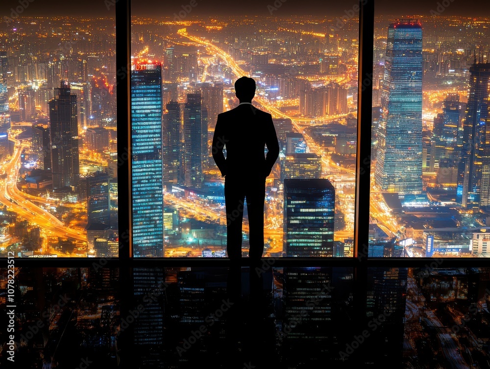 Fototapeta premium A silhouette of a leader in front of a large window, overlooking a cityscape, high contrast, sharp edges, focus on leadership and vision