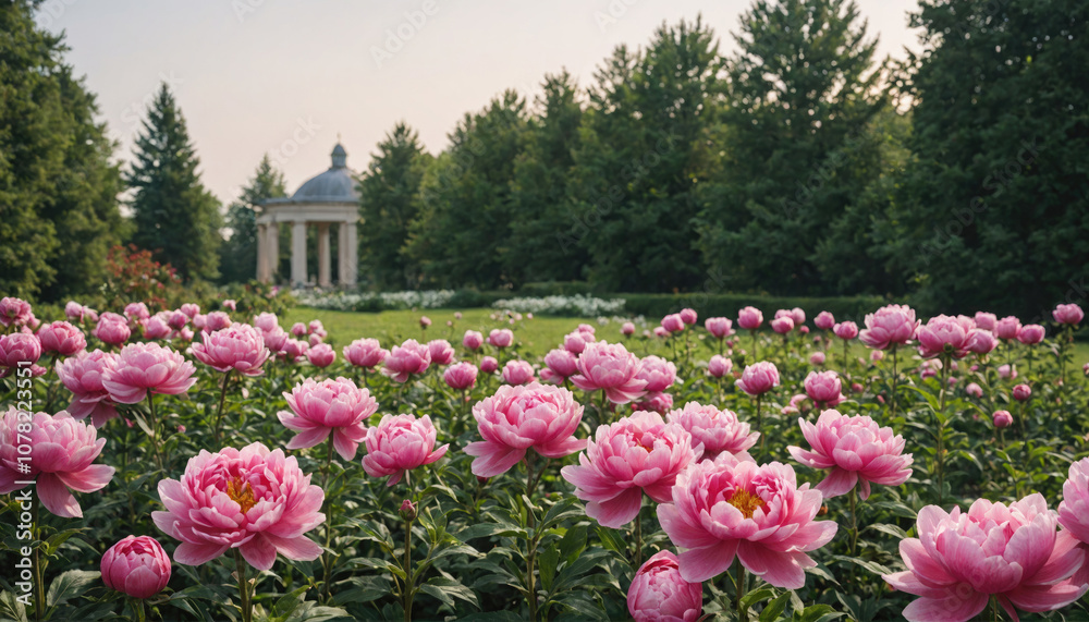 Pink peonies bloom in a garden, with a white gazebo in the background Pink peonies bloom in a garden, with a white gazebo in the background